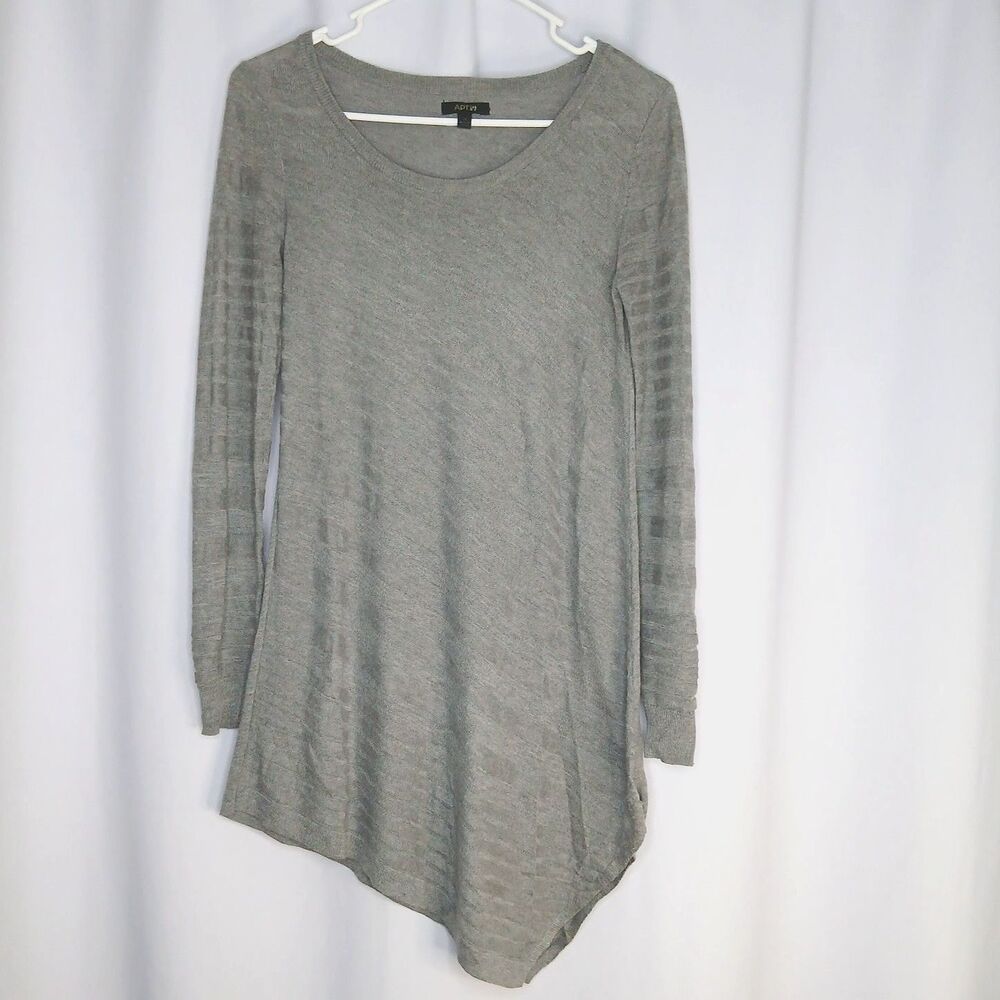 Apt. 9 Long Tunic Sweater Lightweight Acrylic Round Neck Angled Gray Womens XS